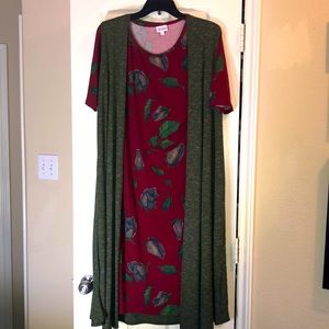LulaRoe red floral dress with sleeveless duster, size=large.